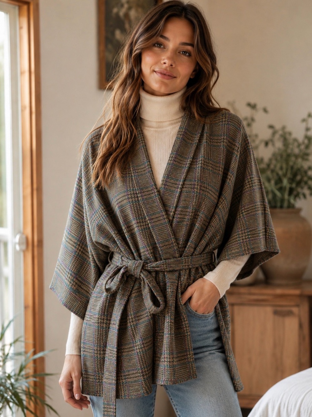 Texas Body Hangings 100% wool glen plaid shawl with matching belt NWT